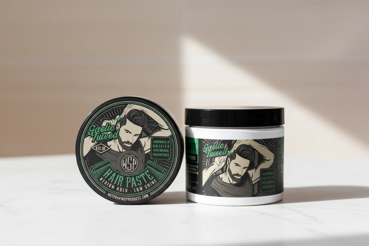 Two containers of Gaelic Tweed hair paste on a white background