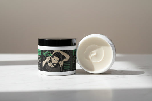 Container of Gaelic Tweed hair product with open lid on a white background