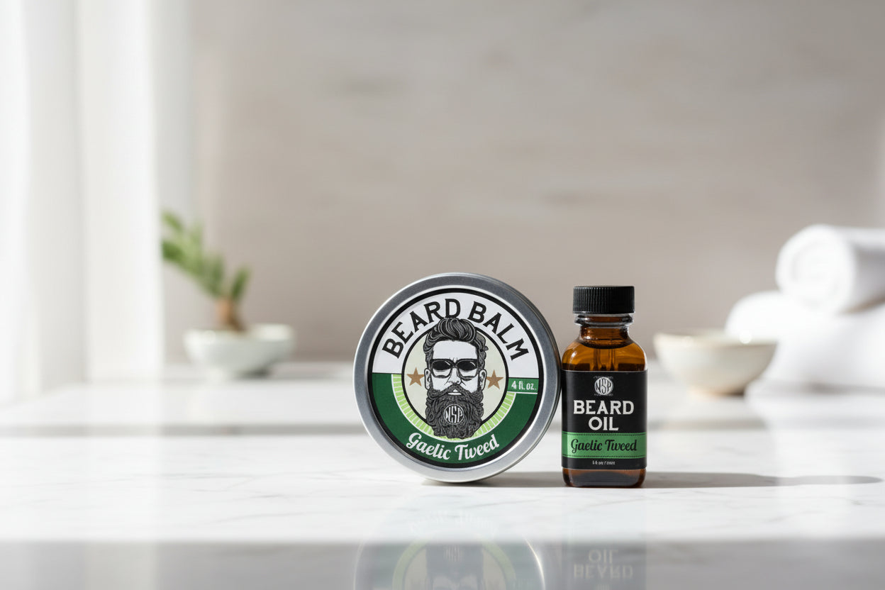 Beard balm and oil set with 'Gaelic Tweed' flavor on a white background