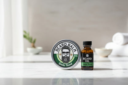 Beard balm and oil set with 'Gaelic Tweed' flavor on a white background