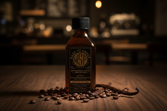 wsp aftershave splash Resting on a dark textured walnut wood surface, surrounded by scattered whole roasted coffee beans and a dried vanilla pod, soft warm ambient lighting casting deep shadows, blurred background of a cozy dimly lit cafe interior, rich chocolate and amber tones, macro photography, high contrast, photorealistic.
