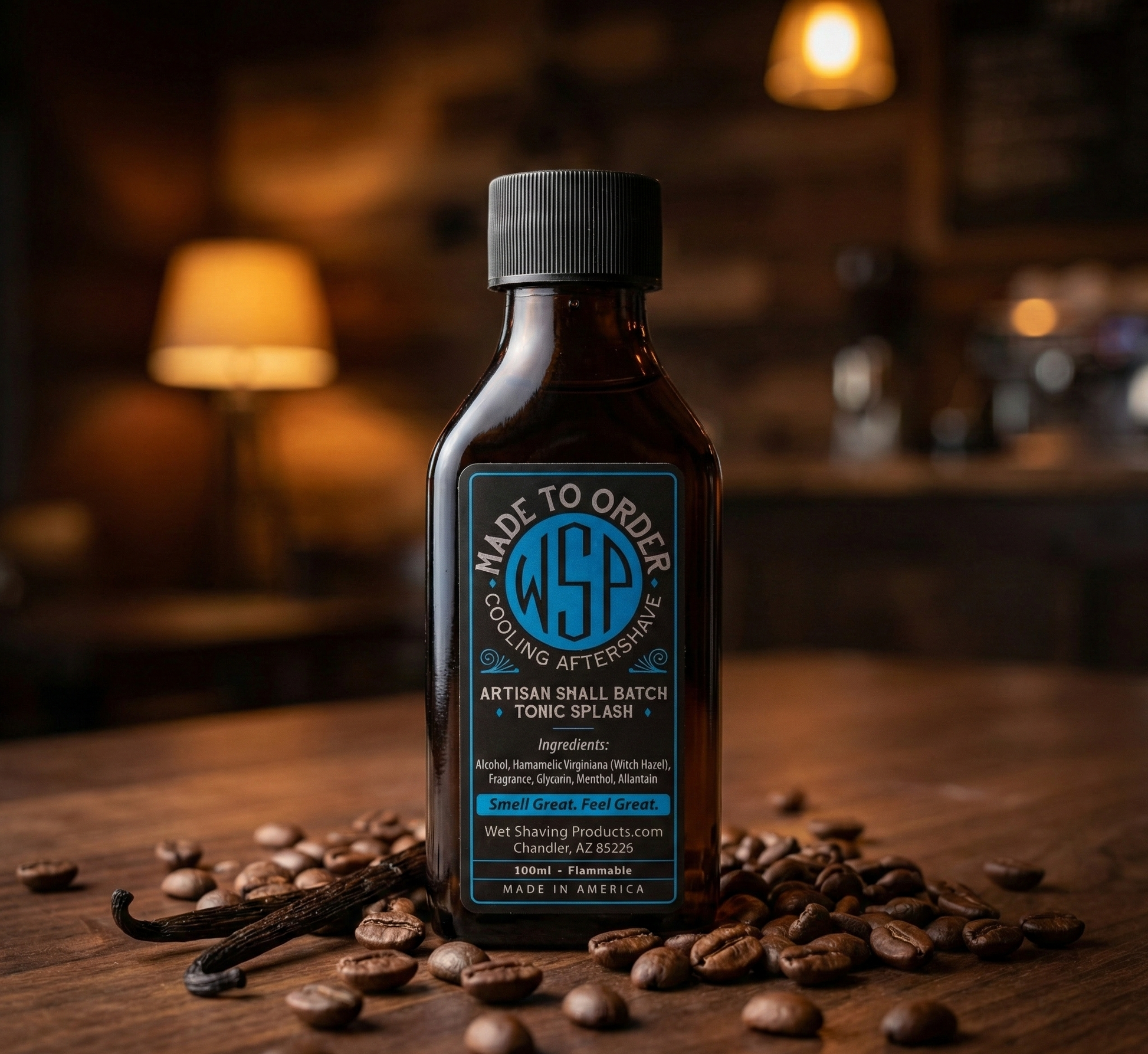 wsp cooling aftershave splash Resting on a dark textured walnut wood surface, surrounded by scattered whole roasted coffee beans and a dried vanilla pod, soft warm ambient lighting casting deep shadows, blurred background of a cozy dimly lit cafe interior, rich chocolate and amber tones, macro photography, high contrast, photorealistic.
