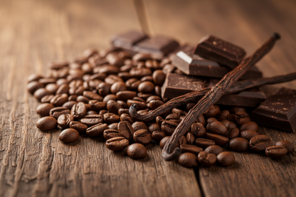 Roasted coffee beans and vanilla pods on a dark walnut table, highlighting rich gourmand and sweet comfort scent ingredients.