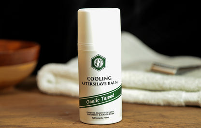 Small white bottle on table WSP Cooling Aftershave Balm in Gaelic Tweed scent