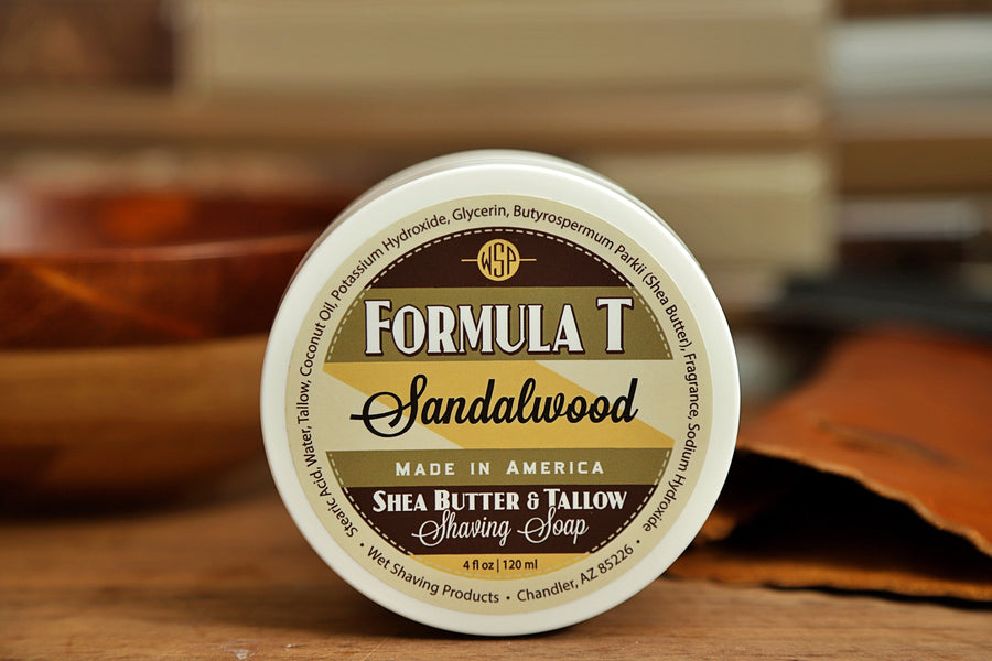 WSP small round container on table Sandalwood Formula T Shaving Soap