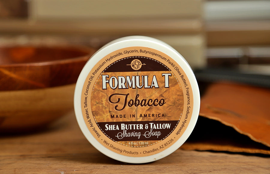 WSP small round container on table Tobacco Formula T Shaving Soap