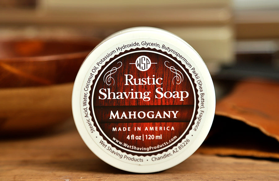 WSP small round container on table Mahogany Rustic Shaving Soap