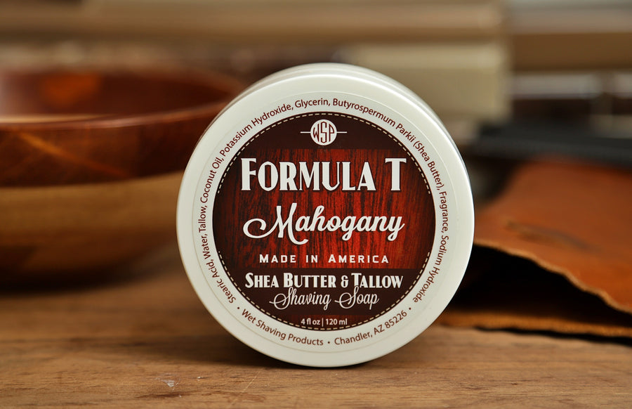 WSP small round container on table Mahogany Formula T Shaving Soap