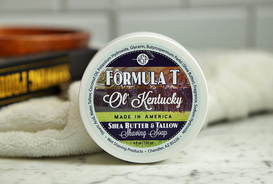 WSP small round container on table Ol' Kentucky Formula T Shaving Soap