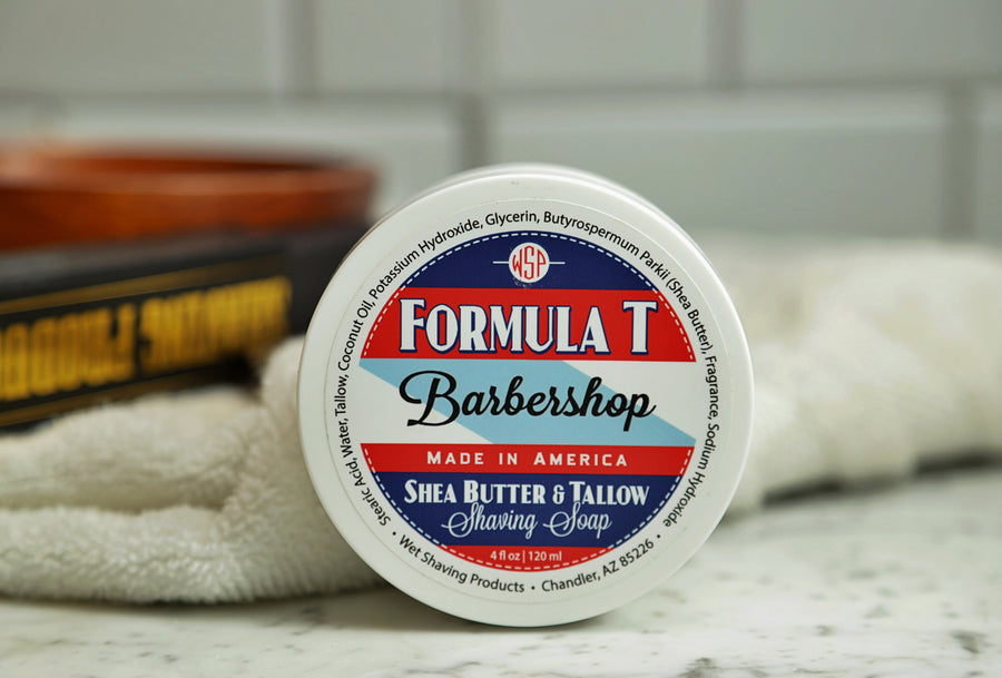WSP small round container on table Barbershop Formula T Shaving Soap