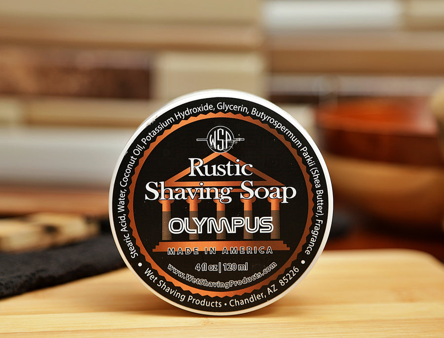 WSP small round container on table Olympus Shaving Soap