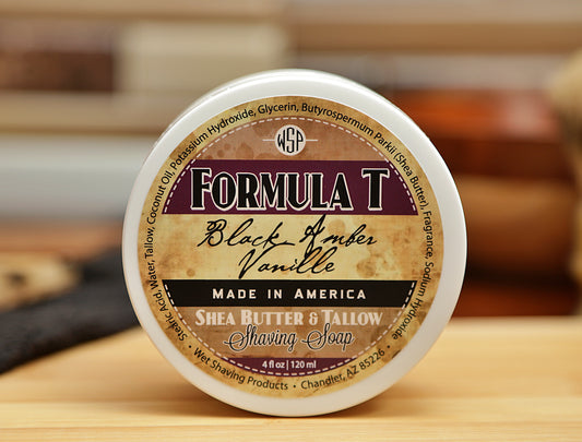 WSP small round container on table Black Amber Vanilla Formula T Shaving Soap