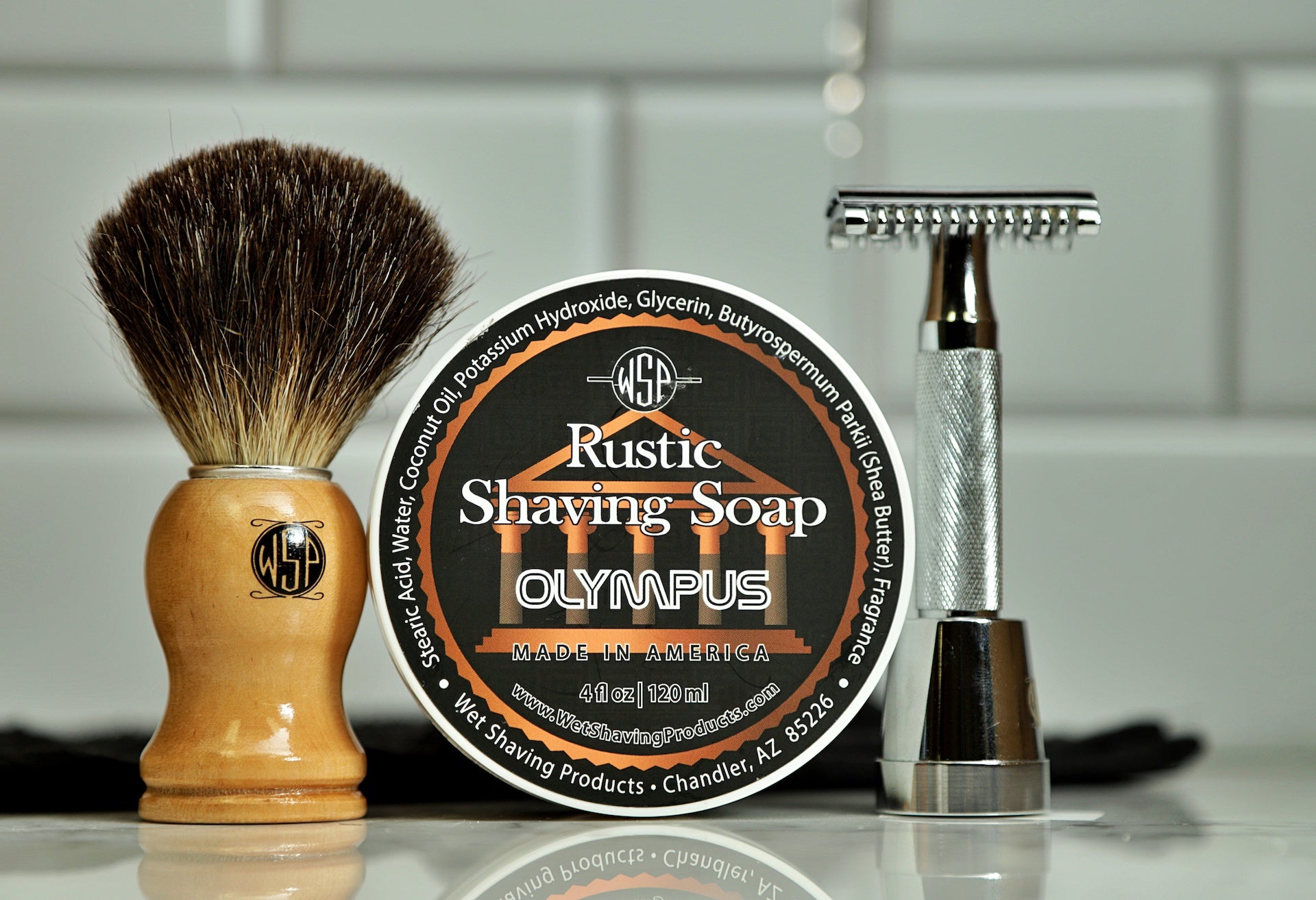 Mens Bathroom store Starter Pack. Razor, Shave Soap, badger Brush, Murphy & McNeil Barbershop Banzai Shaving Soap set