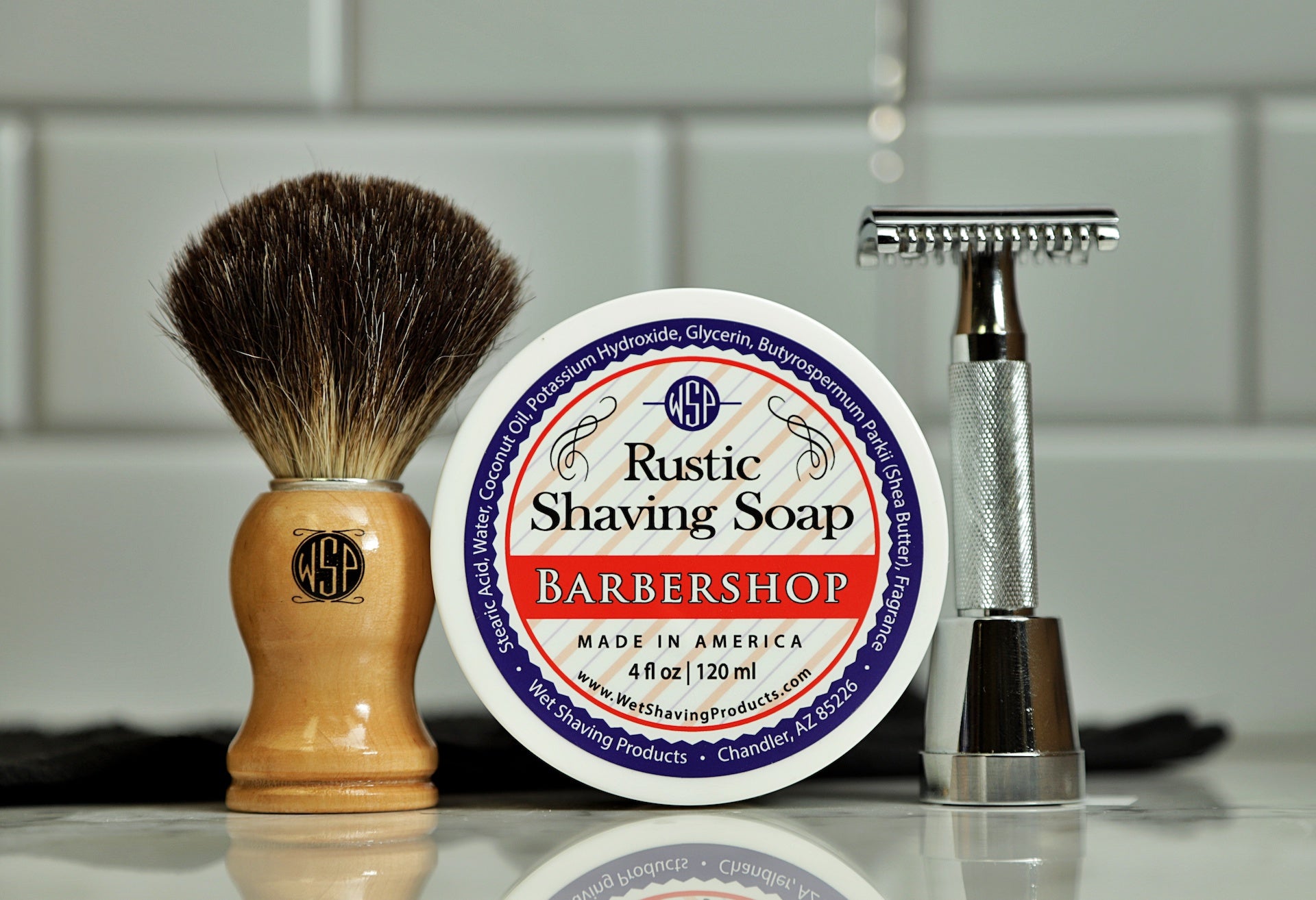 Mens Bathroom store Starter Pack. Razor, Shave Soap, badger Brush, Murphy & McNeil Barbershop Banzai Shaving Soap set