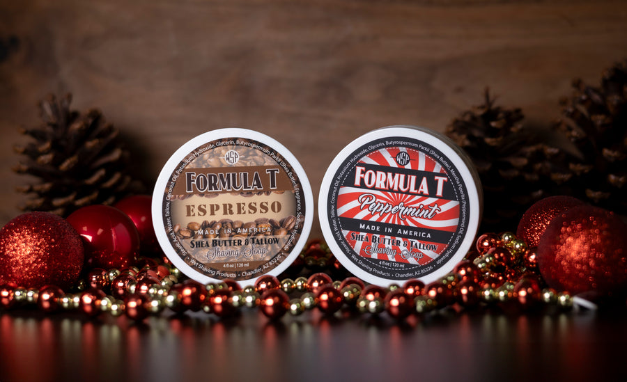 2 shaving balm containers set against a christmas background