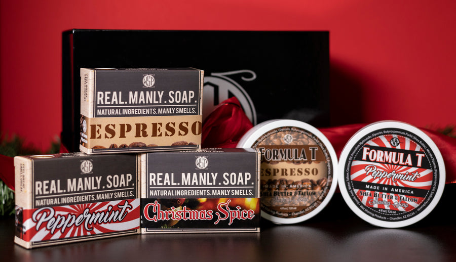 3 boxes of manly soap and 2 shaving balms