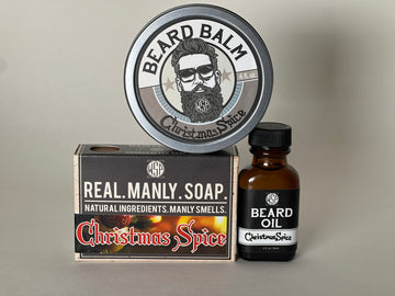 3 assorted jars and box of christmas spice soap and beard oil