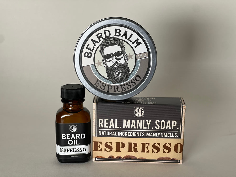 3 assorted jars and box of espresso beard oil and soap and balm