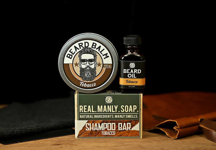 set of 3 manly shaving products beard oil, bar soap, and beard balm in tobacco