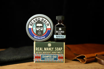 set of 3 manly shaving products beard oil, bar soap, and beard balm