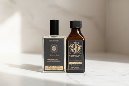 Two bottles of Wet Shaving Products on a white background