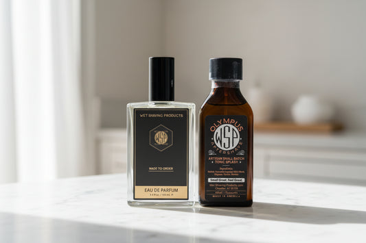 Two bottles of Wet Shaving Products on a marble counter