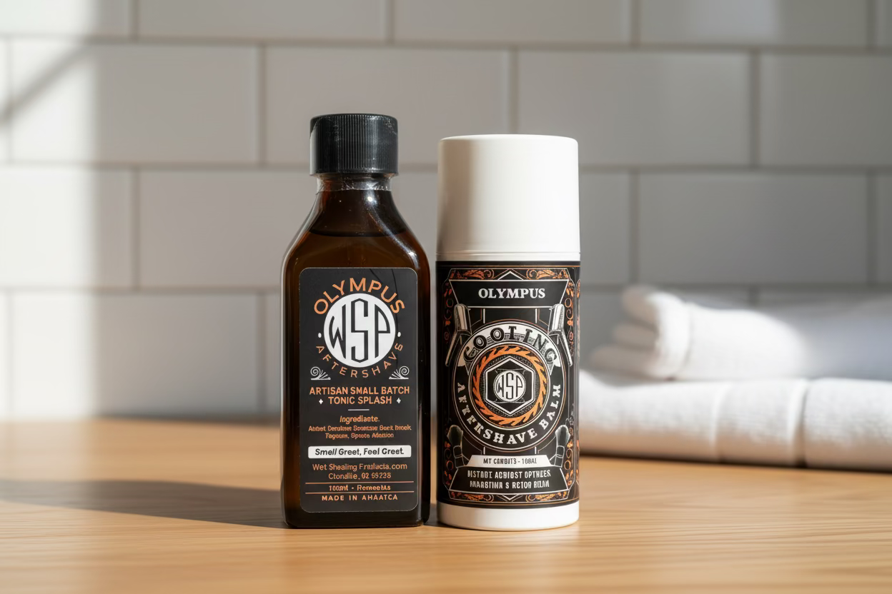 Two bottles of Olympus Aftershave on a white background