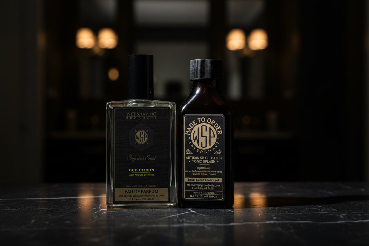 Two bottles of Wet Shaving Products on a dark background