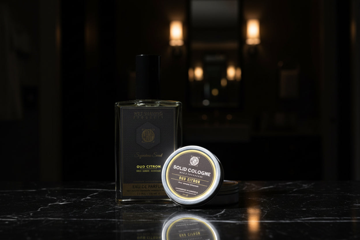 Wet Shaving Products eau de parfum bottle and solid cologne tin on a white background