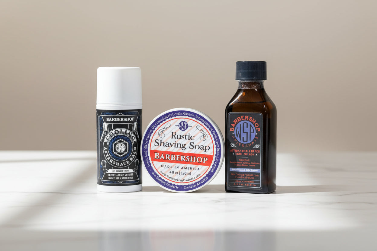 Three barbershop products including a can, soap bar, and bottle on a white background