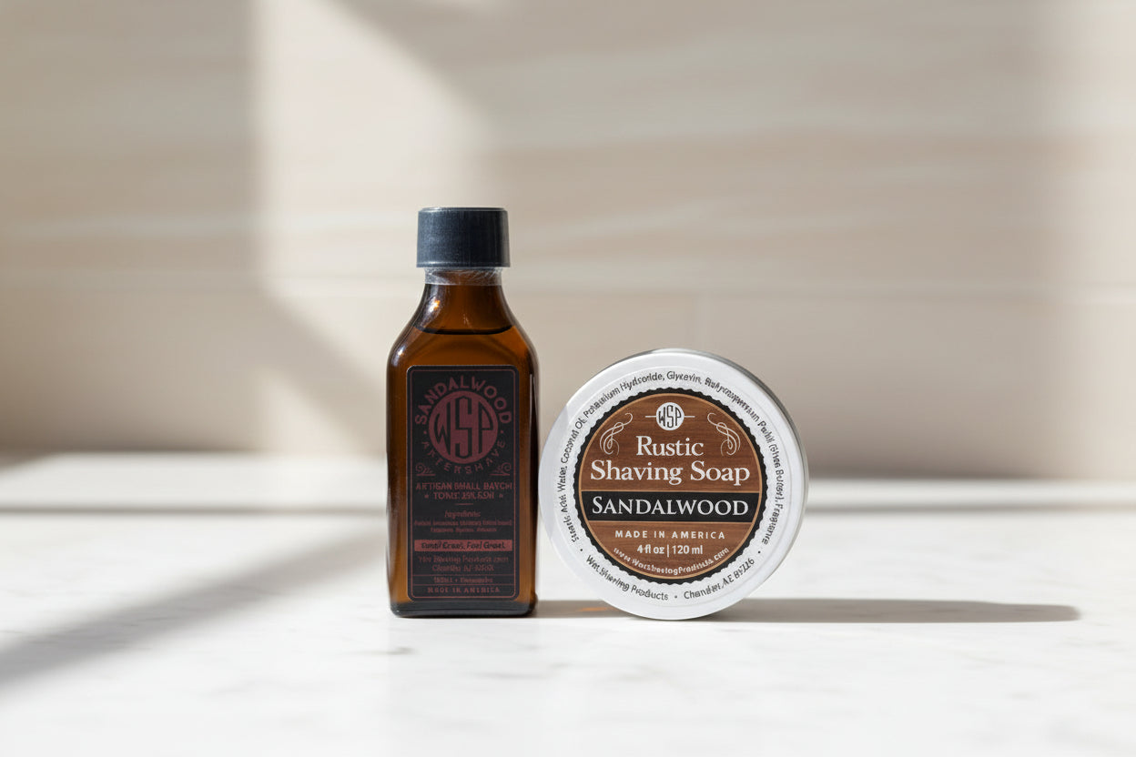 Brown bottle and white container of Rustic Shaving Soap Sandalwood on a white background