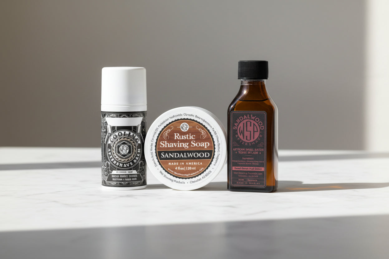 Two bottles of aftershave and a bar of sandalwood shaving soap on a textured surface.