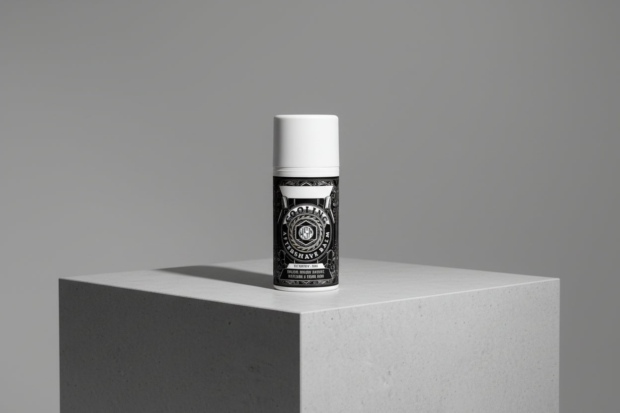 WSP Aftershave Balm with a geometric label on a textured wall.