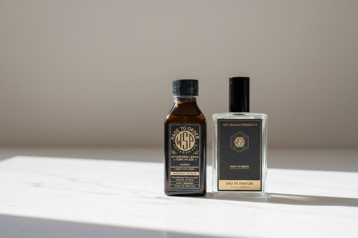 Two bottles of WSP products on a marble countertop with a blurred cream background.