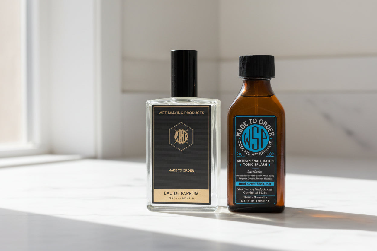 Two bottles of Wet Shaving Products on a white background