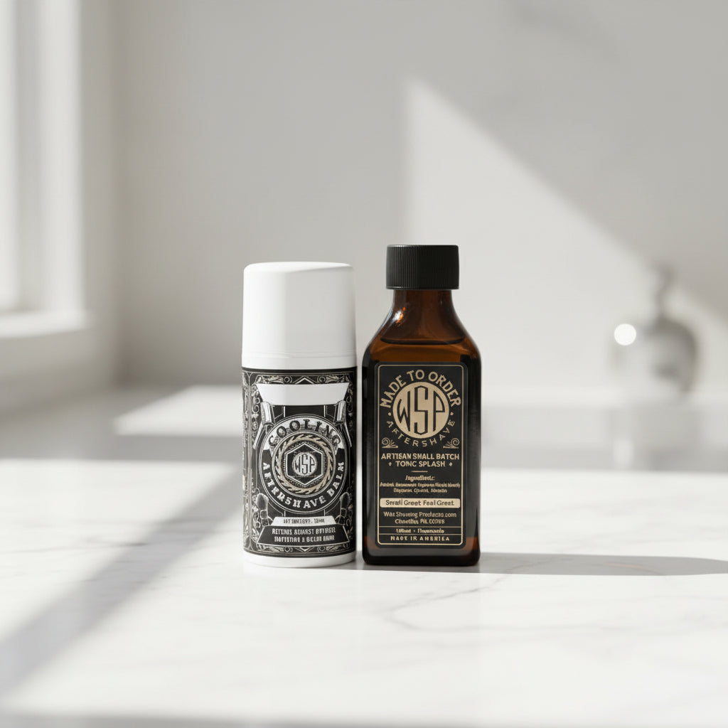 Two bottles of aftershave products on a white background