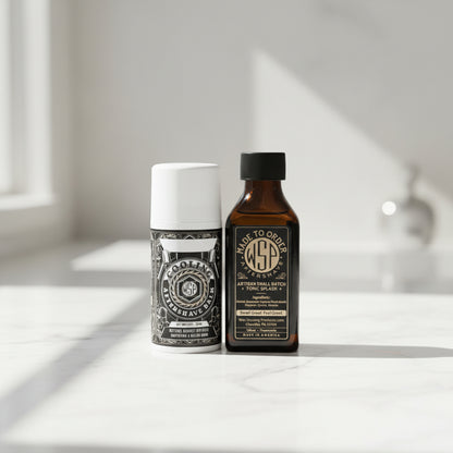 Two bottles of aftershave products on a white background