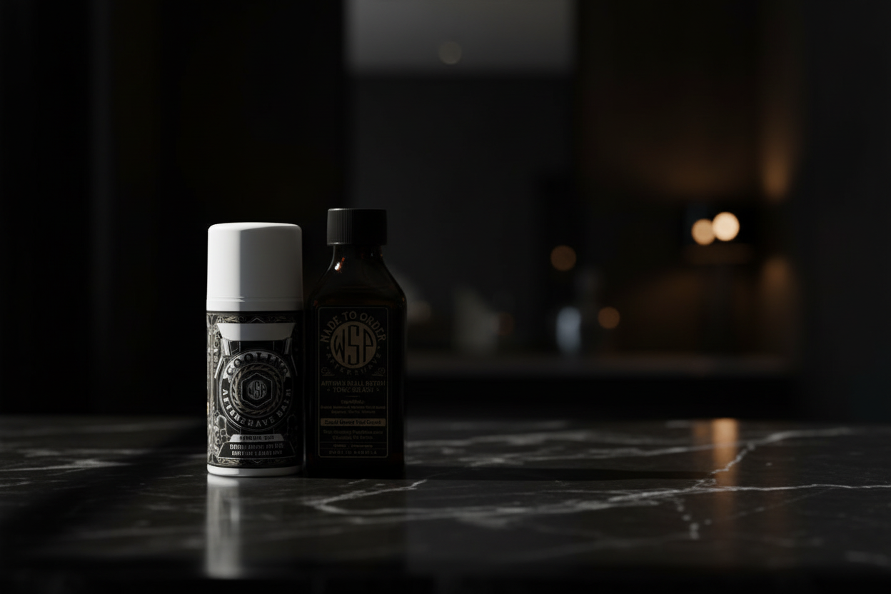 Two bottles on a dark marble surface with a blurred background