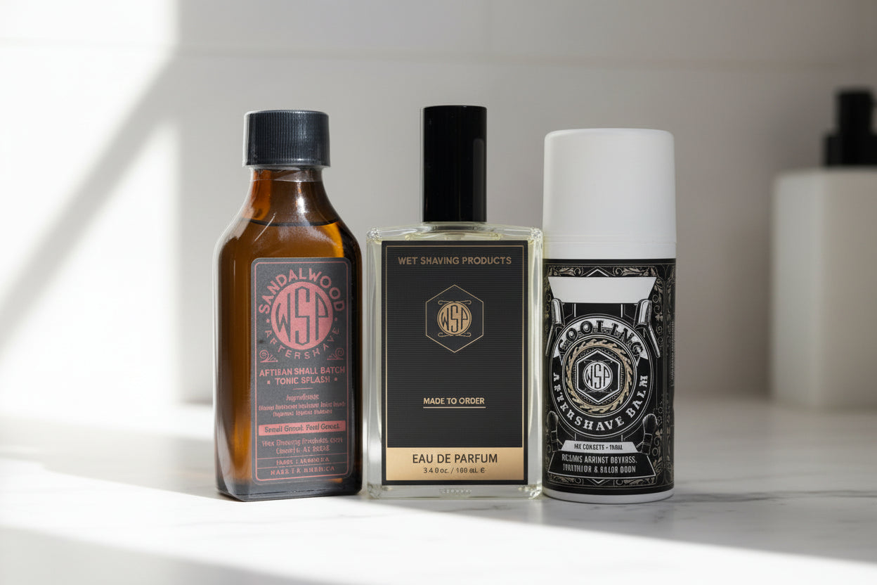 Three grooming products with visible branding Sitting on a clean, polished white Carrara marble surface with faint grey veining, bright clean morning light from the left, out of focus pale neutral background, premium spa atmosphere, sharp focus on the product.
