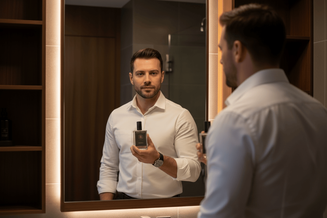 Man holding a perfume bottle in front of a mirror in a bathroom.