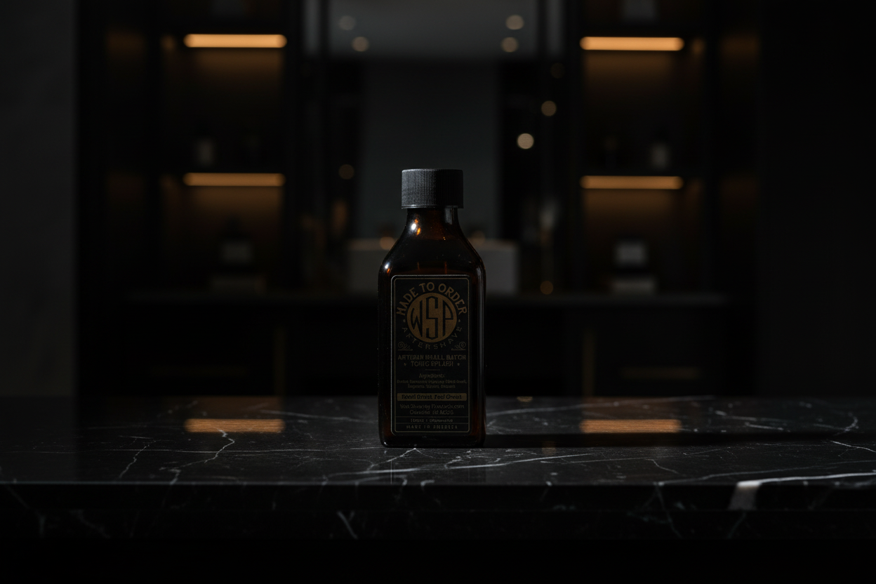 wsp aftershave splash Sitting on a polished black marble surface with faint white veining, dramatic side lighting creating a chiaroscuro effect, dark blurred background suggesting a high-end master bathroom or dressing room with hints of warm amber light, sleek, minimalist luxury, photorealistic, 8k resolution, deep depth of field.
