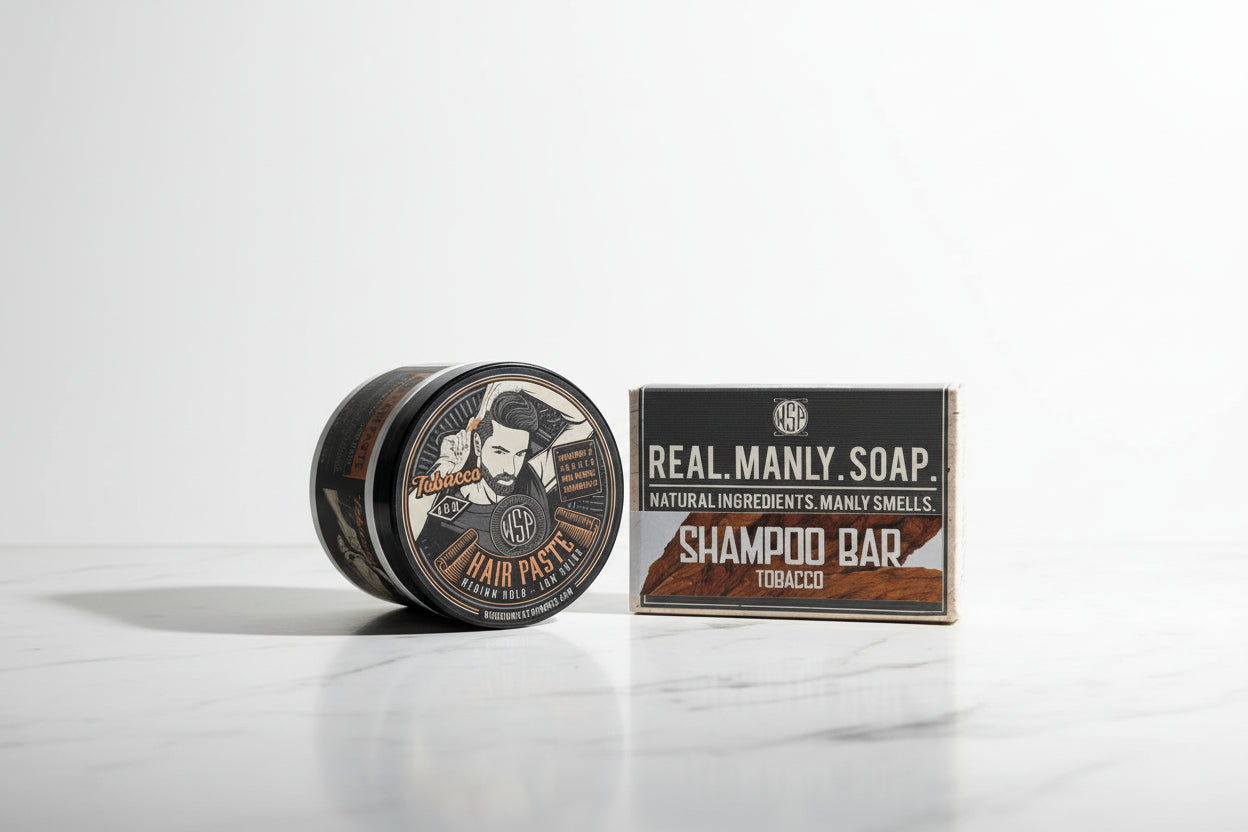 Hair paste container and shampoo bar packaging on a countertop with a tiled backsplash.