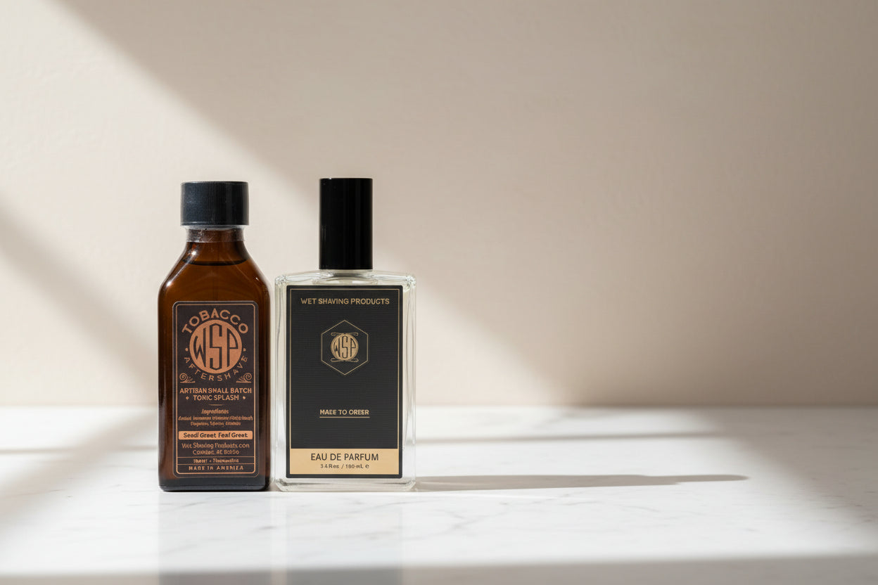 Two bottles of Wet Shaving Products on a white background. EdP Spray & Aftershave Splash. Tobacco Scent