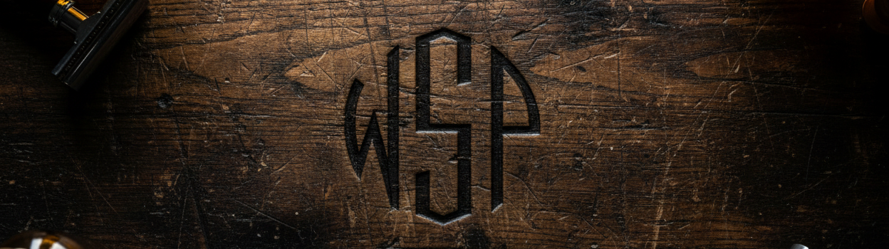 Wooden surface with a monogram 'WSP' engraved on it