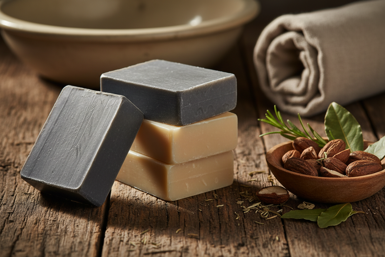 A rustic, high-end product photography shot of a stack of square artisan soap bars on a dark weathered wood surface. Rich textures, warm natural lighting. Next to the soap are raw ingredients like shea nuts or fresh herbs. Masculine grooming aesthetic, spa quality, steam in the background.