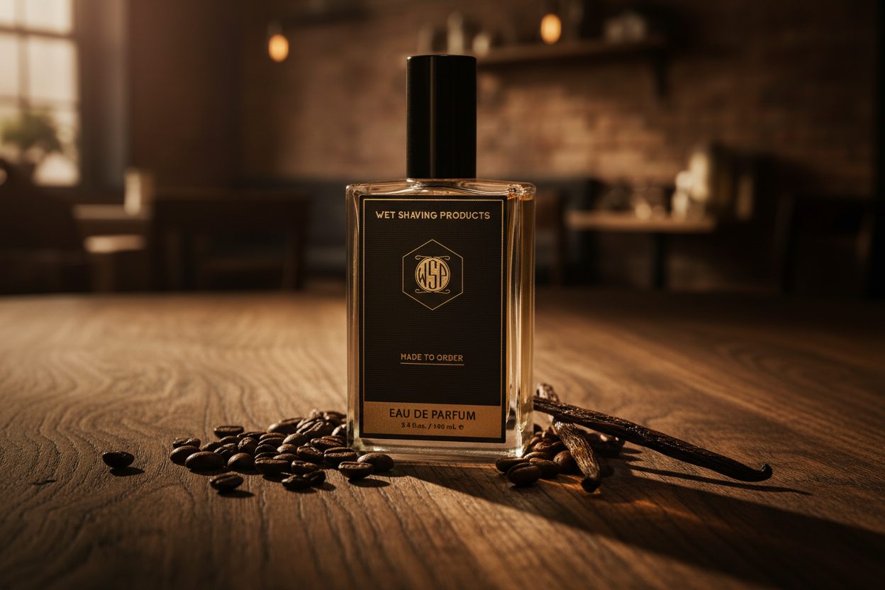 WSP edp cologne Resting on a dark textured walnut wood surface, surrounded by scattered whole roasted coffee beans and a dried vanilla pod, soft warm ambient lighting casting deep shadows, blurred background of a cozy dimly lit cafe interior, rich chocolate and amber tones, macro photography, high contrast, photorealistic.