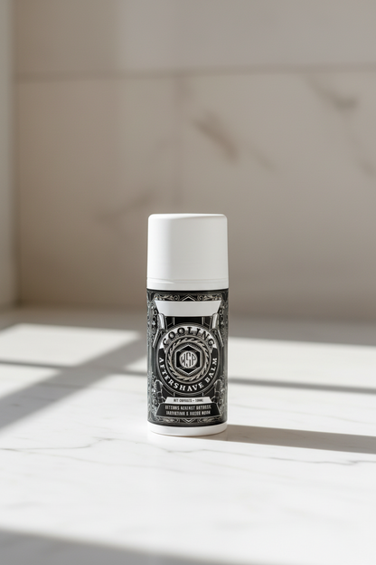 A can of after shave with a black label on a white background