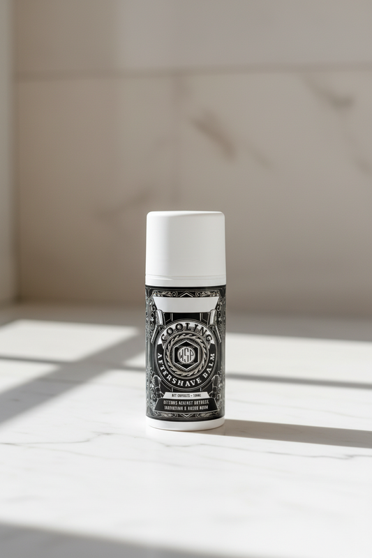 A can of after shave with a black label on a white background