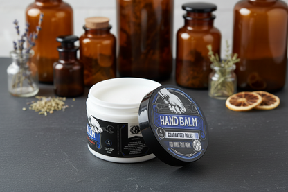 WSP Hand Balm Centered on a dark honed slate surface, soft natural daylight streaming from the side, out of focus background featuring vintage amber glass apothecary jars and dried botanical herbs in small glass containers, clean, natural, artisanal atmosphere, macro photography style, shallow depth of field, sharp focus on the product, photorealistic render.