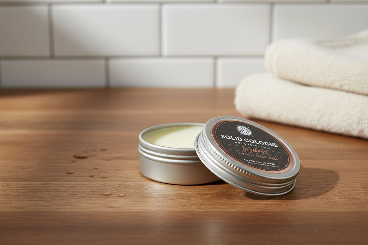 Resting on a clean, worn medium-oak wooden bathroom counter, bright natural morning light streaming from the side, out of focus background of classic white subway tiles and a folded thick cotton towel, clean, timeless, masculine grooming atmosphere, photorealistic, sharp focus on the product.